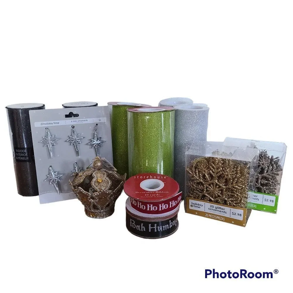 Christmas Crafts Lot - Includes Tulle, Ribbon, and Bulk Ornaments For Crafting